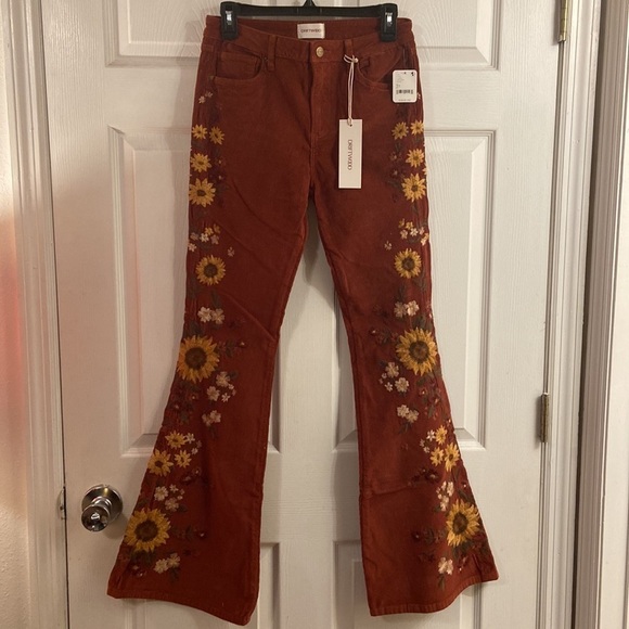 Free People Driftwood Falling Sunflower Farrah Embroidered Cord Flare Jeans - Picture 9 of 10